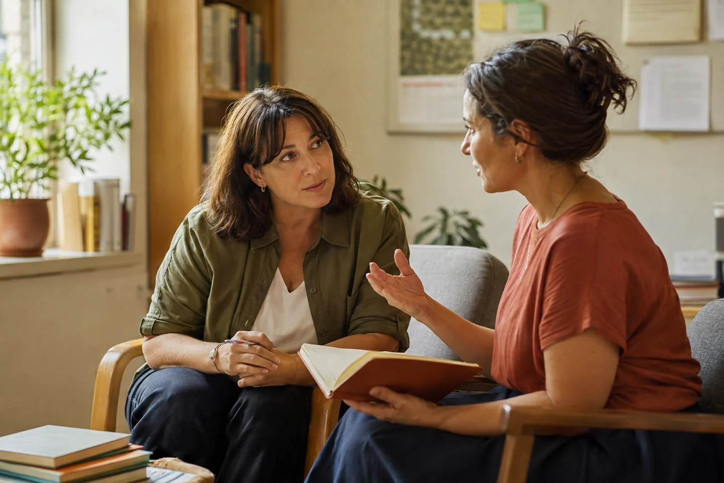 An illustrative scene of two adults listening and talking together